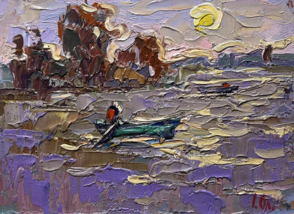 Impressionistic oil painting by Oleksiy Ivanyuk: green boat on river under yellow sun