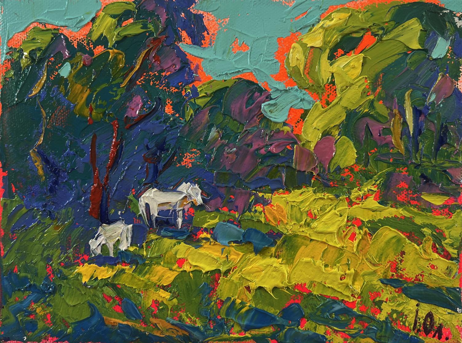 Vibrant impressionist oil painting of white horses in forest by Oleksiy Ivanyuk