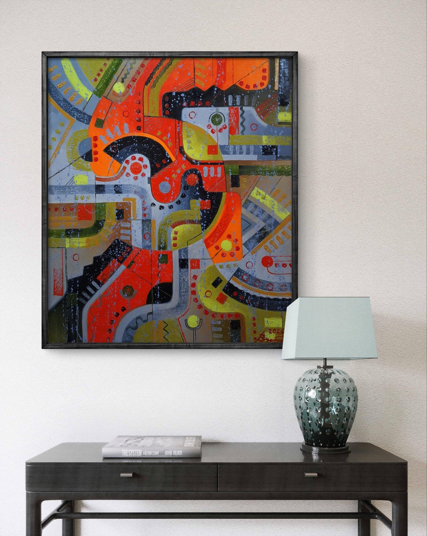 Vibrant abstract oil painting A walk around the city by Sergiy Voichenko in black frame