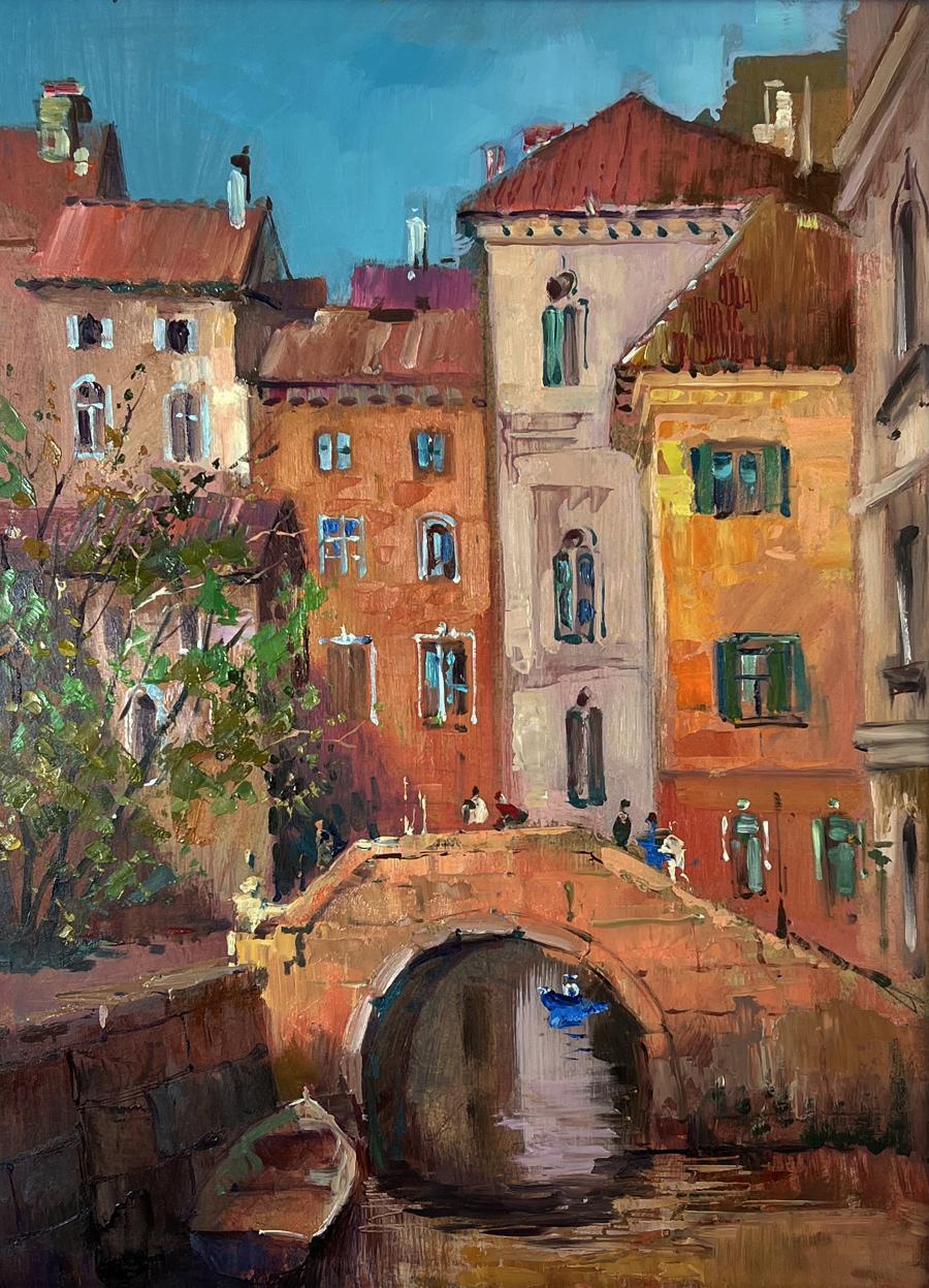 Vibrant impressionist oil painting by Yuriy Suprunchuk of stone bridge over canal