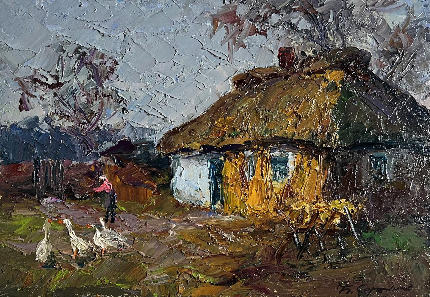 Oil painting by Boris Serdyuk: rustic thatched cottage with geese in yard