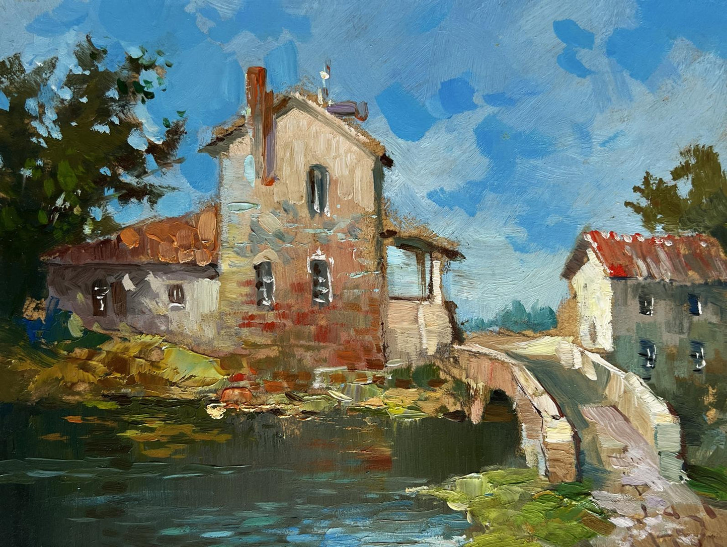 Oil painting by Yuriy Suprunchuk: rustic stone house by river with bridge