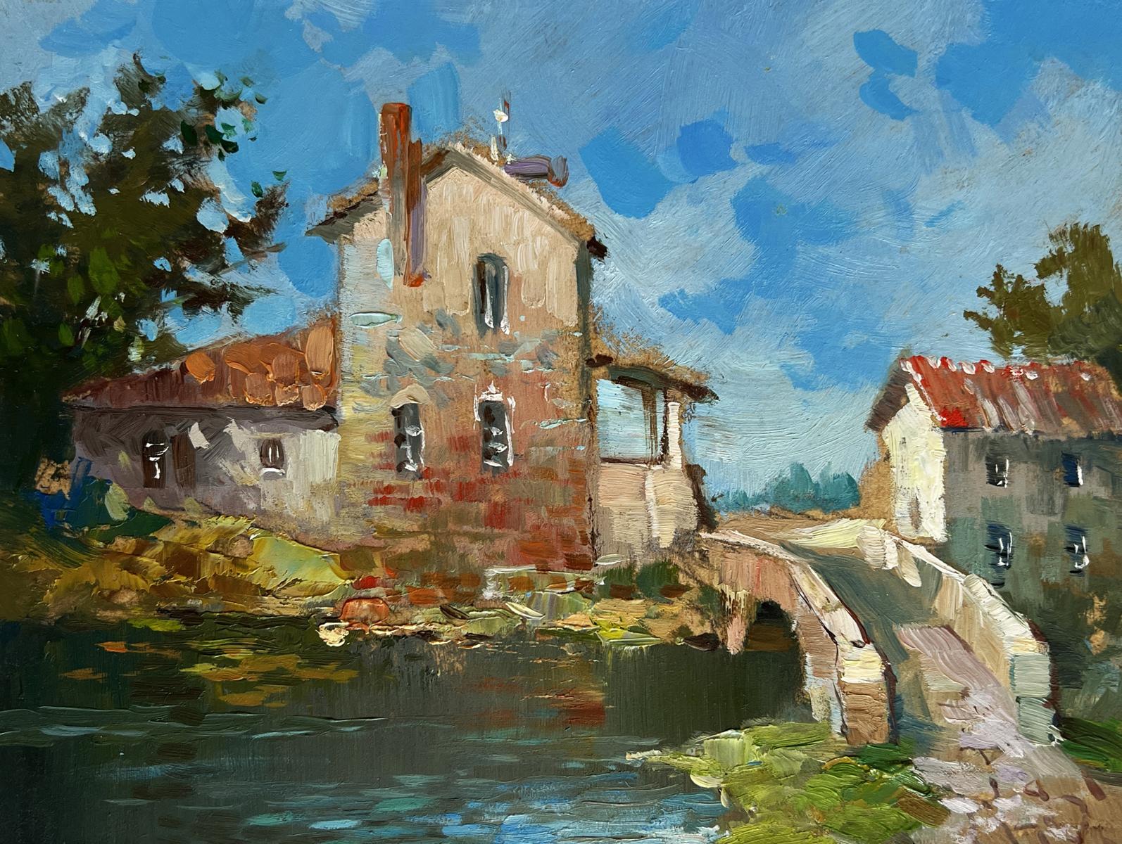 Oil painting by Yuriy Suprunchuk: rustic stone house by river with bridge