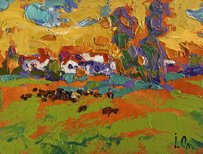 Vibrant Oleksiy Ivanyuk oil painting of sunny meadows with grazing animals