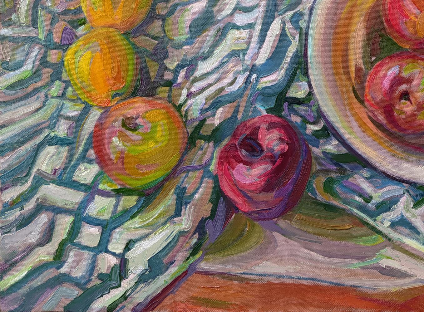 Vibrant impressionistic oil painting of apples on table by Leonid Pavlenko