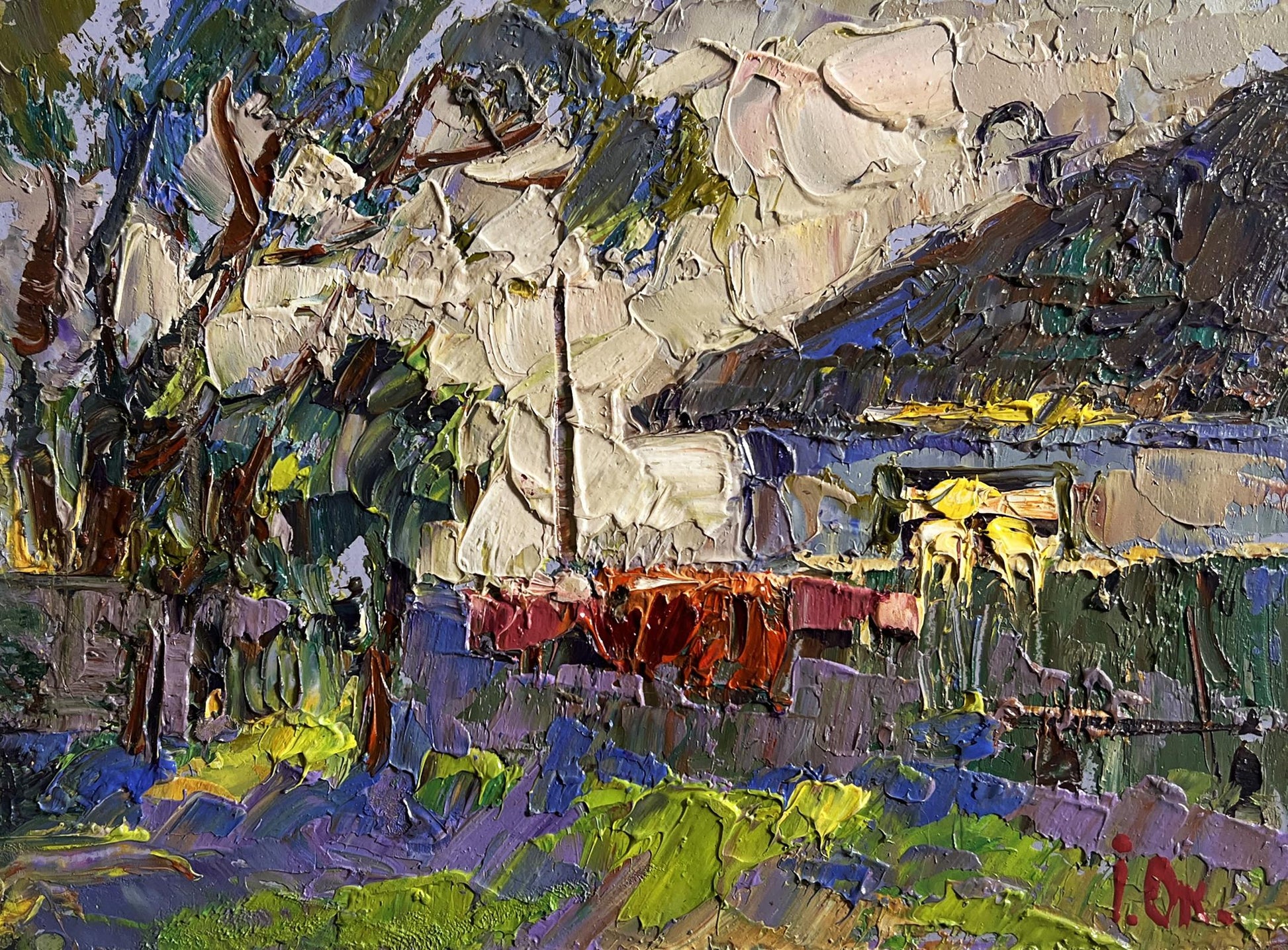 Impasto textured landscape oil painting Saturday night at home by Oksana Ivanyuk