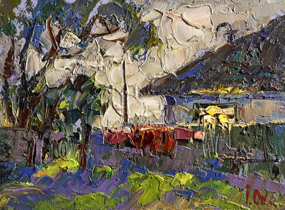 Impasto textured landscape oil painting Saturday night at home by Oksana Ivanyuk