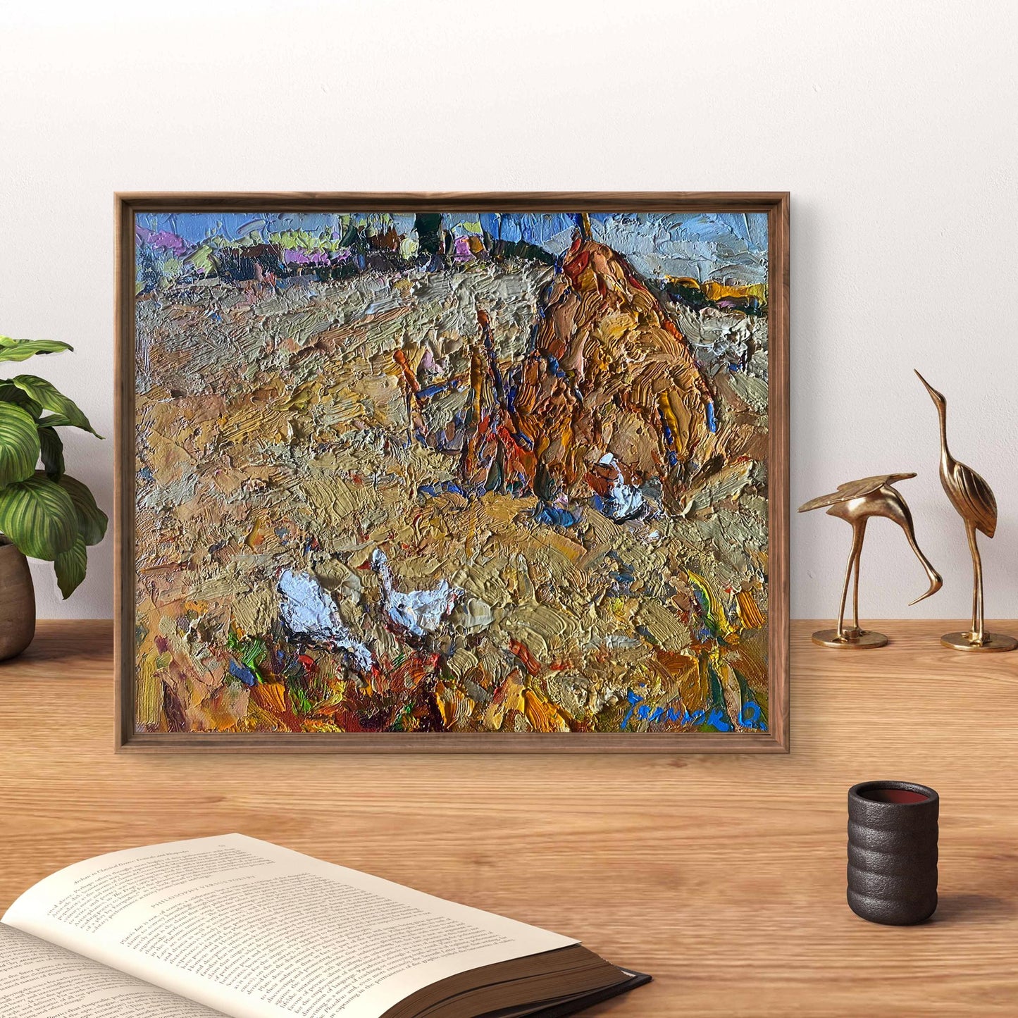 Oil painting Geese in the Fields by Oksana Ivanyuk in wooden frame