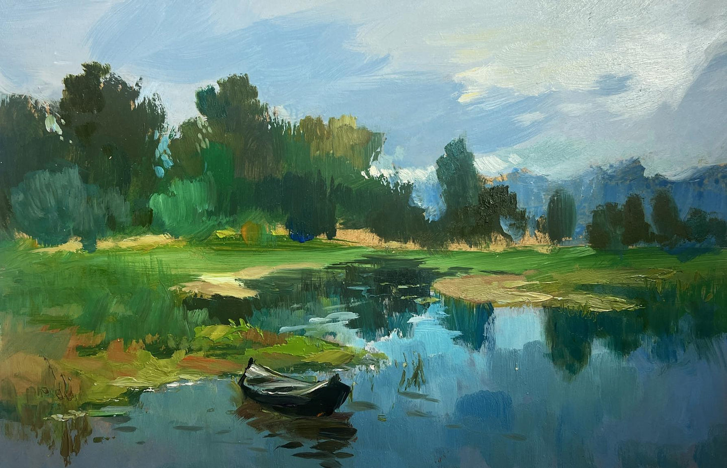 Oil painting by Yuriy Suprunchuk: rowboat on calm water reflection