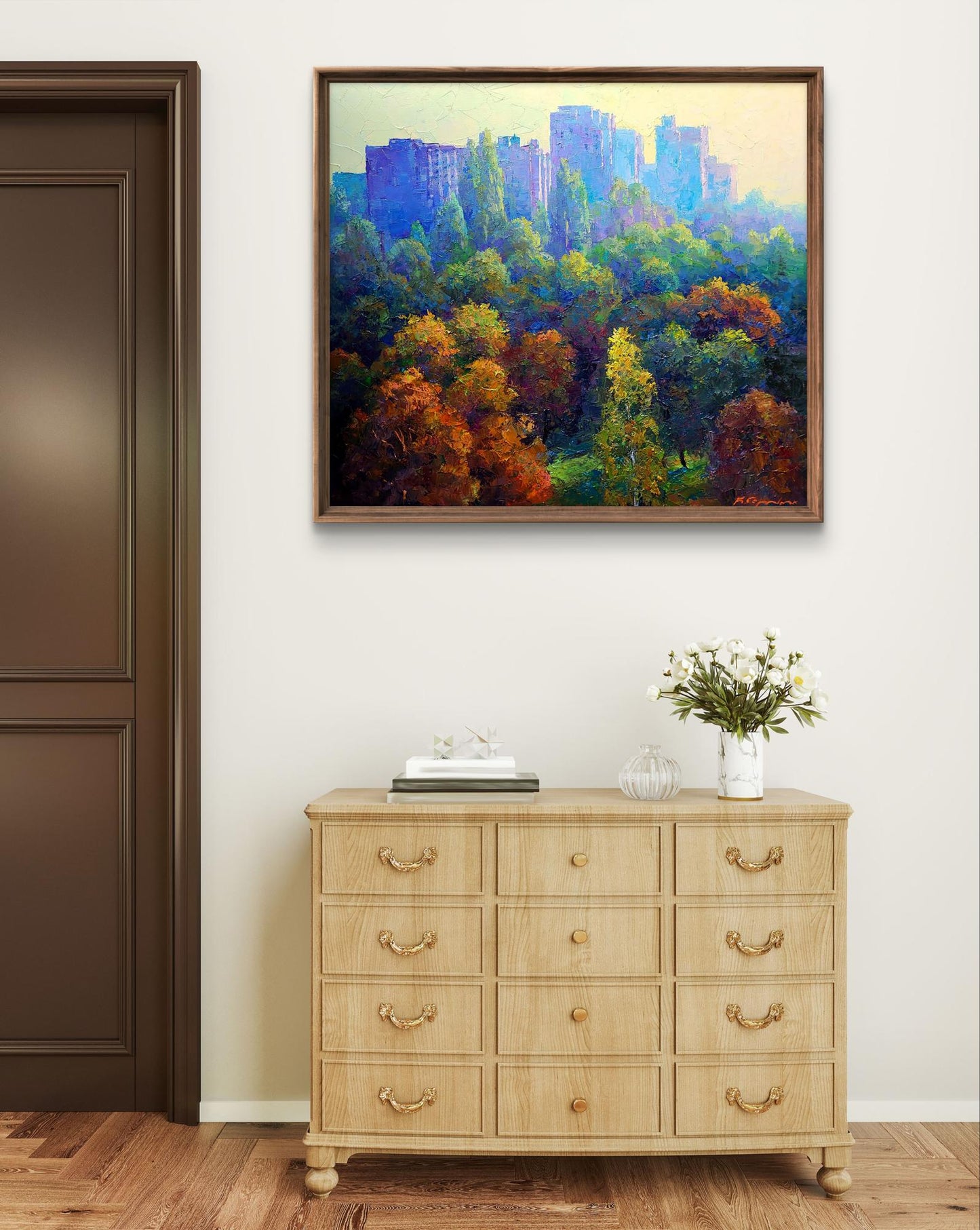 Oil painting Morning in the City by Boris Serdyuk, vibrant autumn cityscape