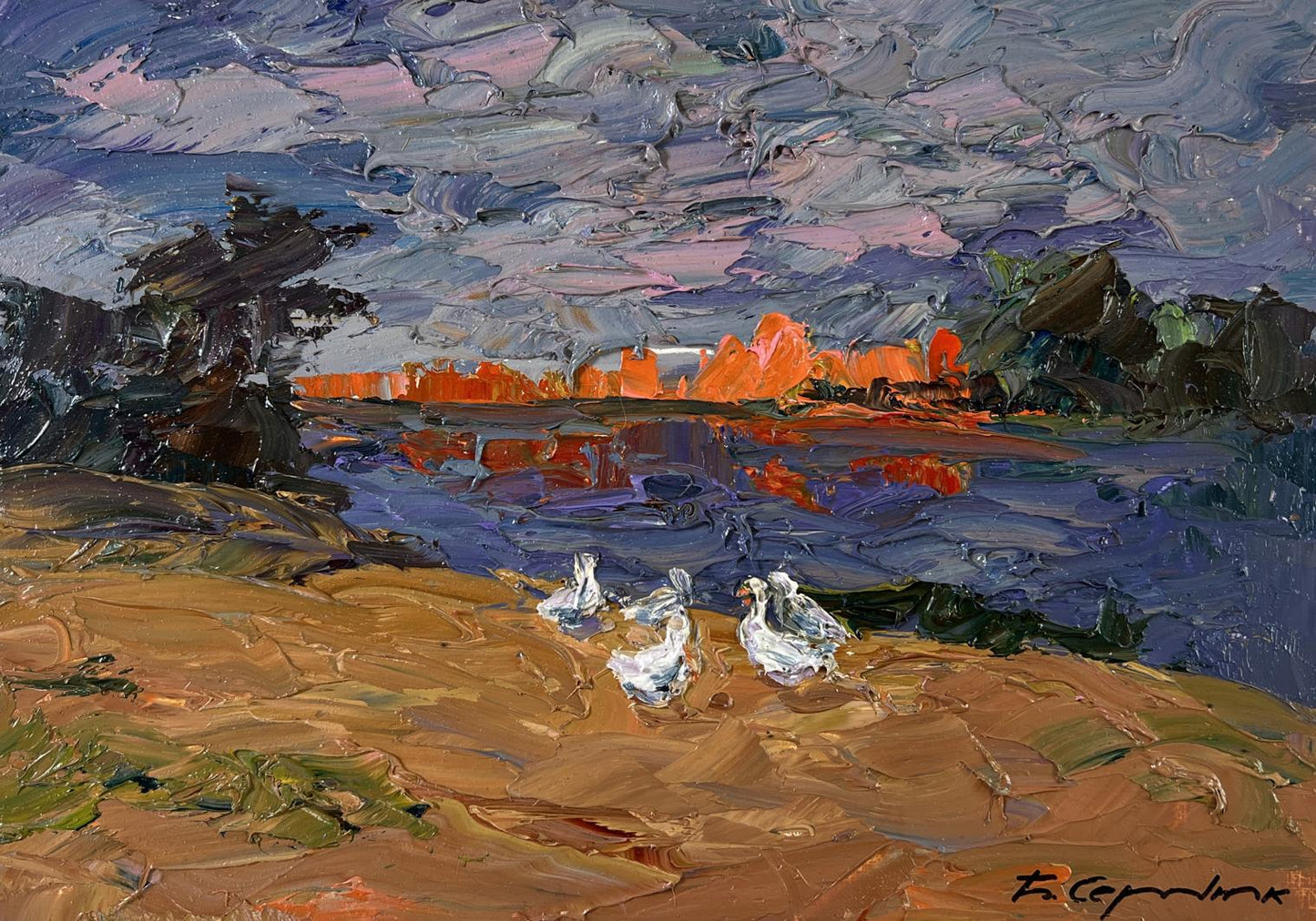Oil painting Geese in the yard by Boris Serdyuk, gulls on shore