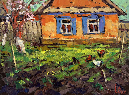 Oil painting by Oksana Ivanyuk: orange house with blue shutters and green lawn