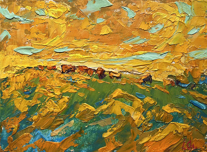 Vibrant impressionist oil painting Yellow sunset in the field by Oleksiy Ivanyuk