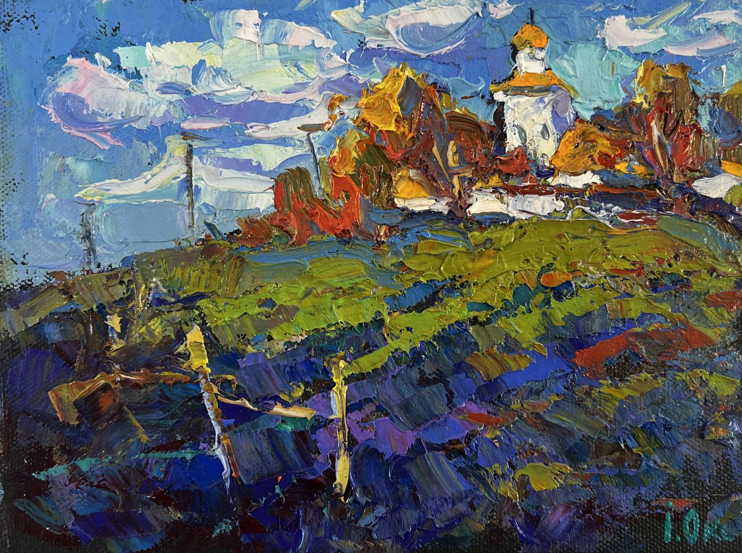 Vibrant impressionist oil painting by Oksana Ivanyuk: village church under swirling clouds