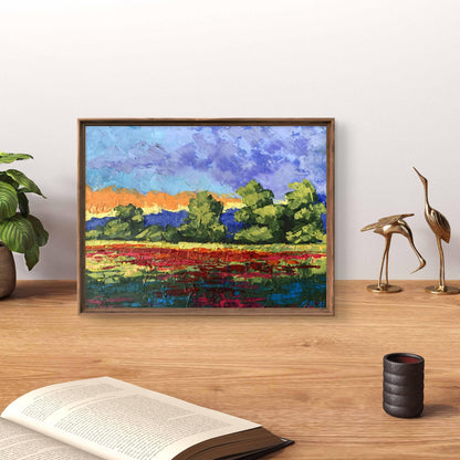 Oil painting Orange glow V. Zadorozhnya sunset landscape in rustic frame