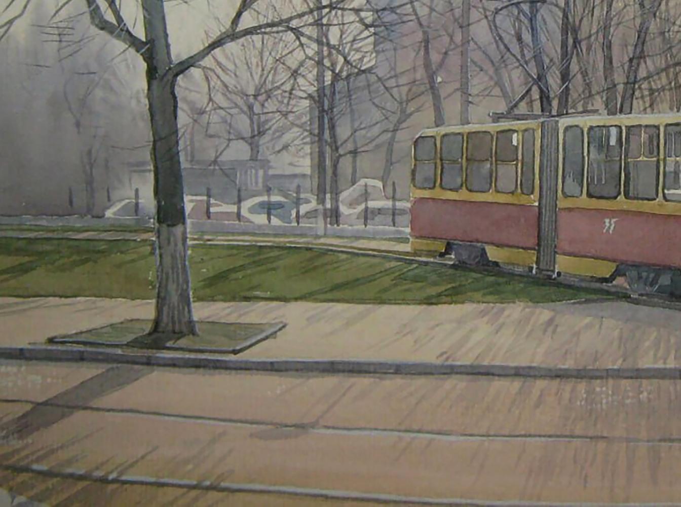Vintage yellow and red tram in watercolor city morning painting by Valery Savenets