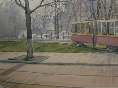 Vintage yellow and red tram in watercolor city morning painting by Valery Savenets