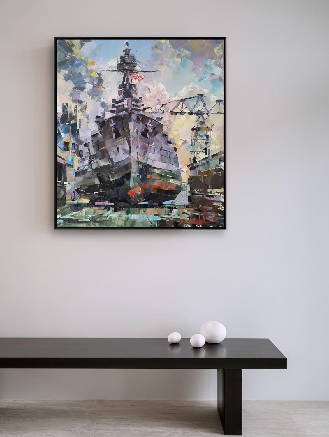 Framed oil painting of USS Texas BB-35 in dry dock by Volodymyr Gluhomanyuk