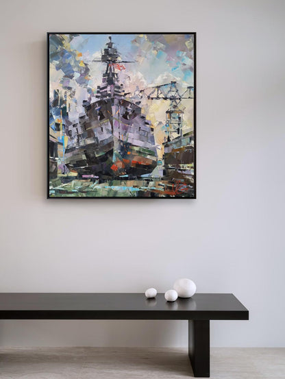 Framed oil painting of USS Texas BB-35 in dry dock by Volodymyr Gluhomanyuk