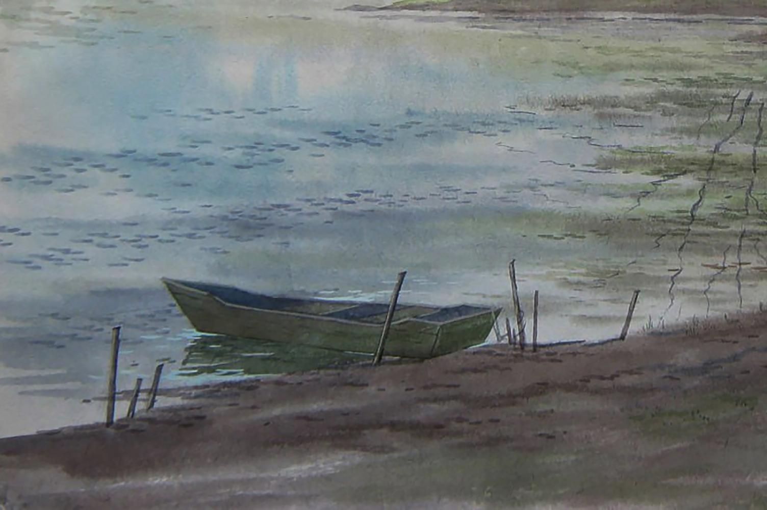 Watercolor painting of weathered green rowboat on muddy river shore by Valery Savenets