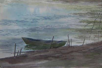 Watercolor painting of weathered green rowboat on muddy river shore by Valery Savenets