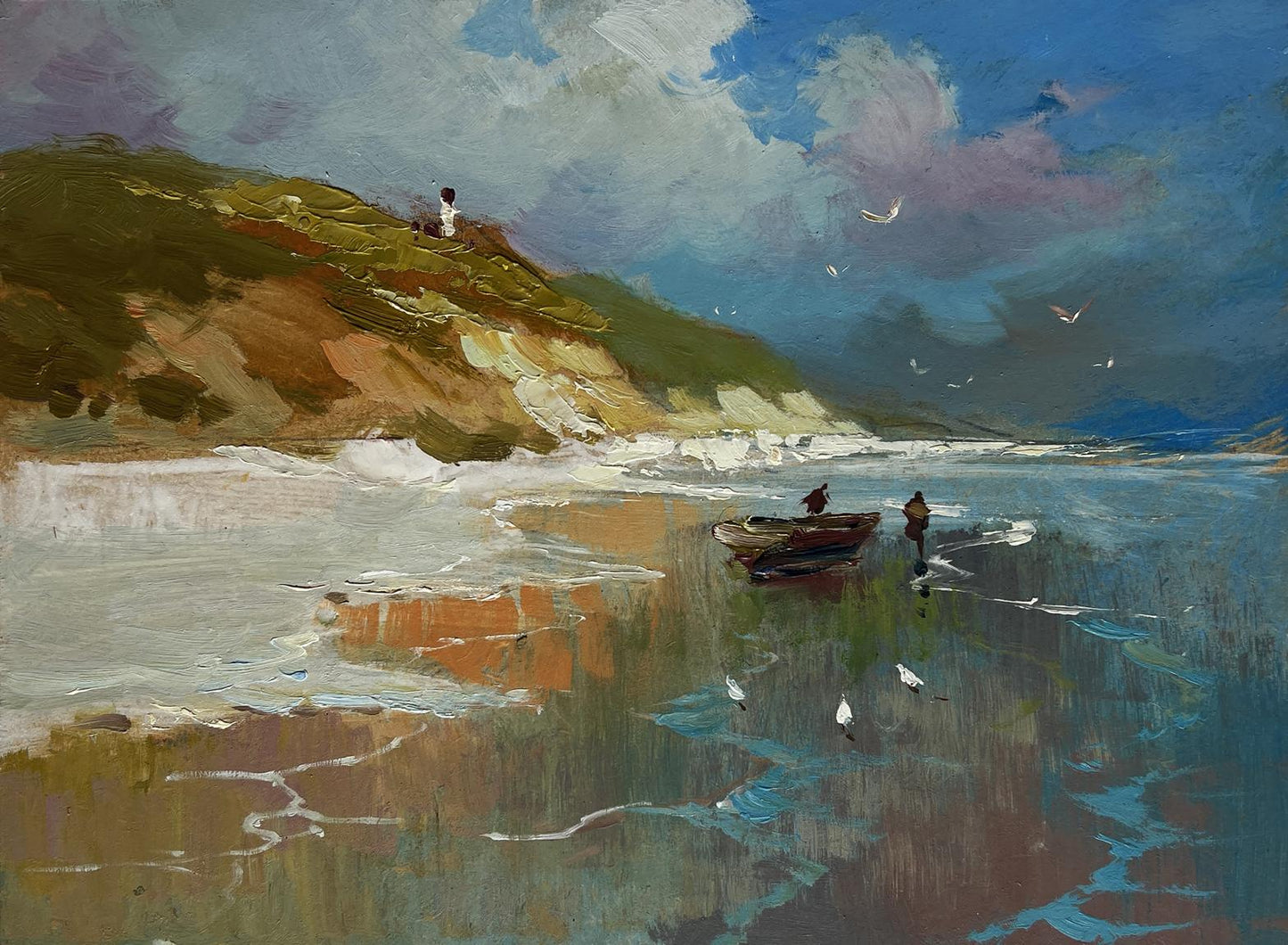 Oil painting of rustic rowboat on reflective shoreline by Yuriy Suprunchuk