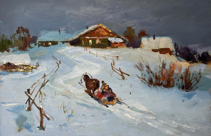 Oil painting of rustic wooden sleigh with red blanket pulled by brown horse in snowy landscape by Yuriy Suprunchuk