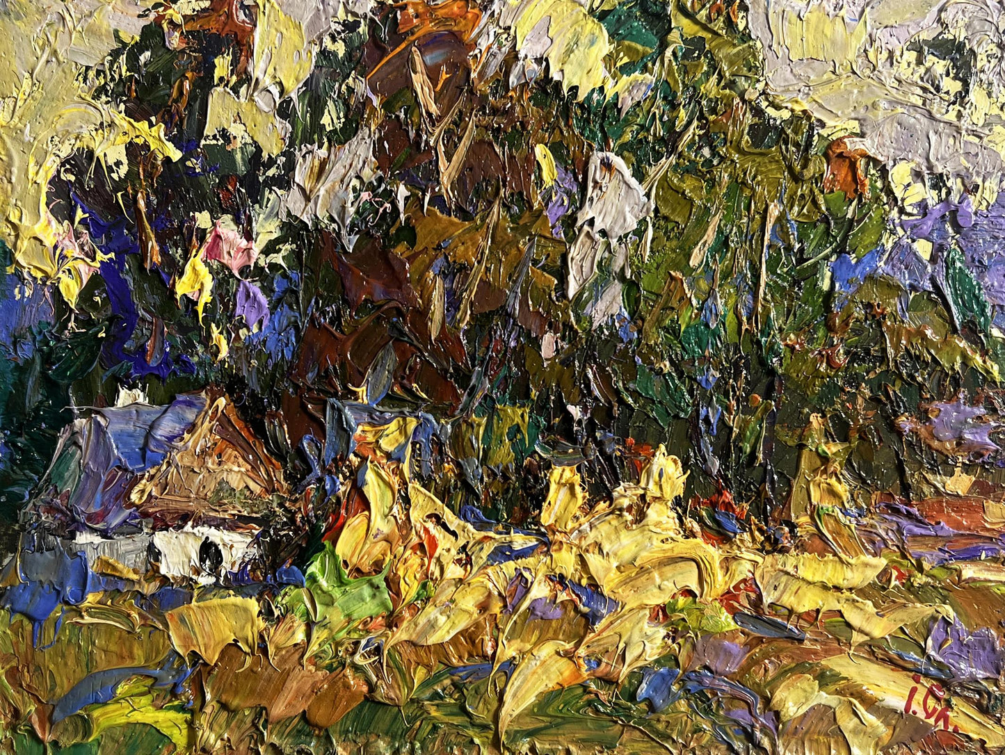 Oil painting Corn fields in the village by Oleksiy Ivanyuk, rustic cottage in lush foliage