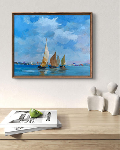 Oil painting of sailboats at sea by Yuriy Suprunchuk in wooden frame
