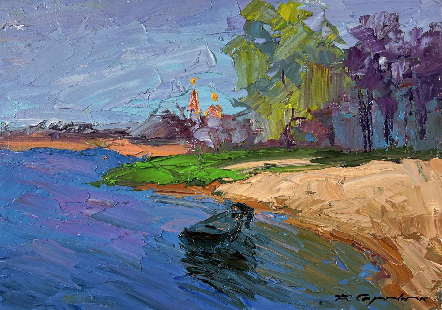 Oil painting Summer river bank by Boris Serdyuk: serene lakeside with vibrant trees