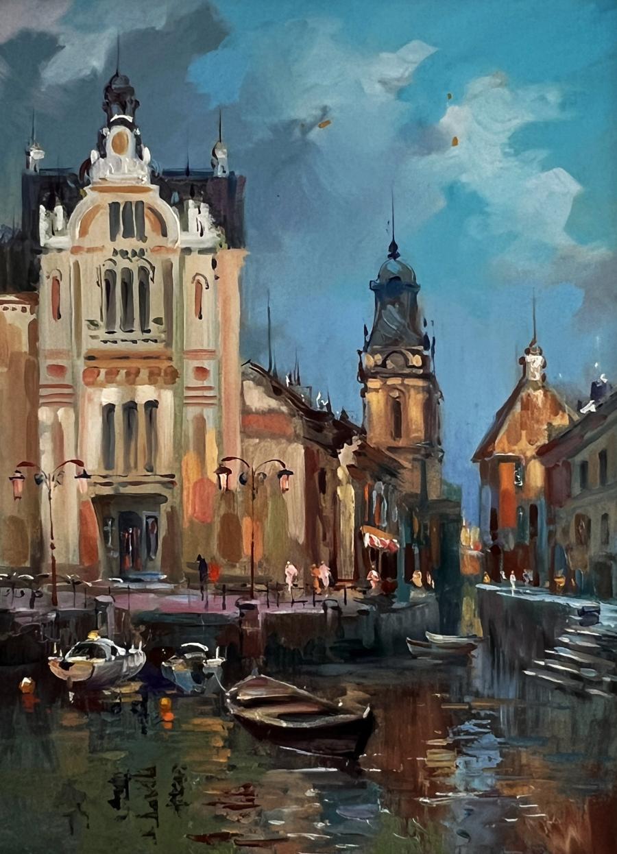 Vibrant impressionist oil painting by Yuriy Suprunchuk: historic European canal scene