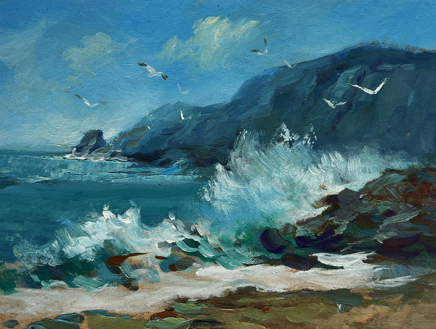 Oil painting of sea waves crashing against rocks by Yuriy Suprunchuk
