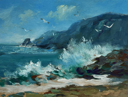 Oil painting of sea waves crashing against rocks by Yuriy Suprunchuk