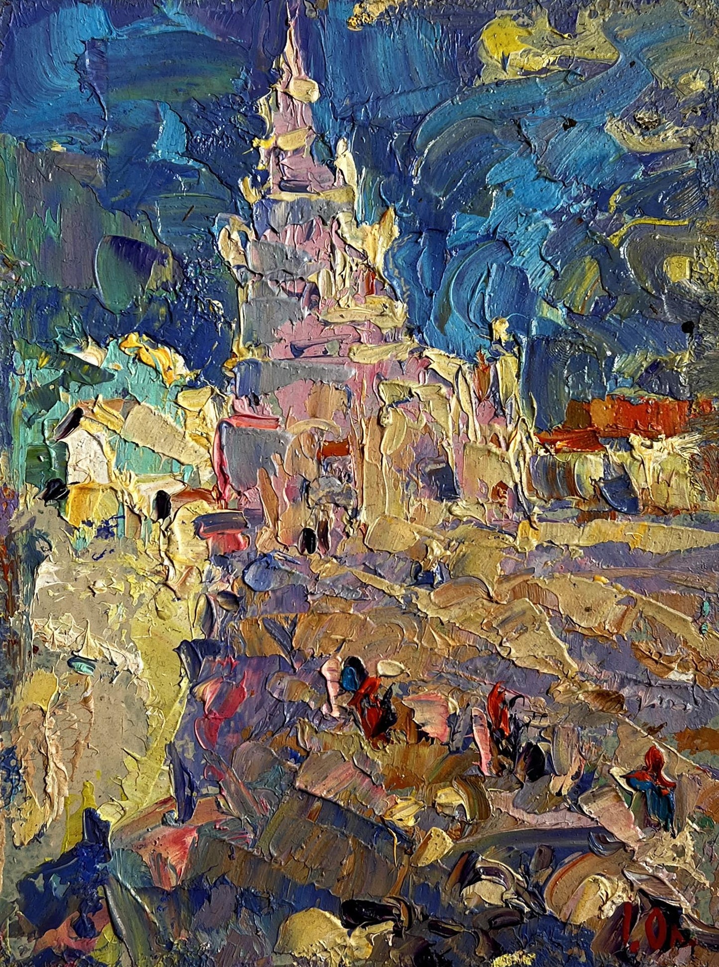 Vibrant oil painting of city tower on sunny day by Oleksiy Ivanyuk