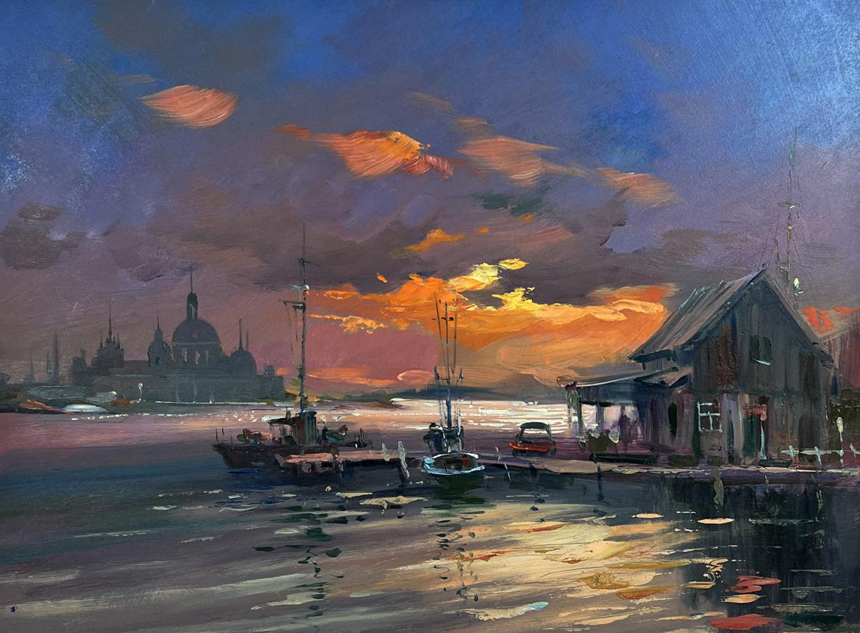 Oil painting Evening boat dock by Yuriy Suprunchuk vibrant sunset harbor
