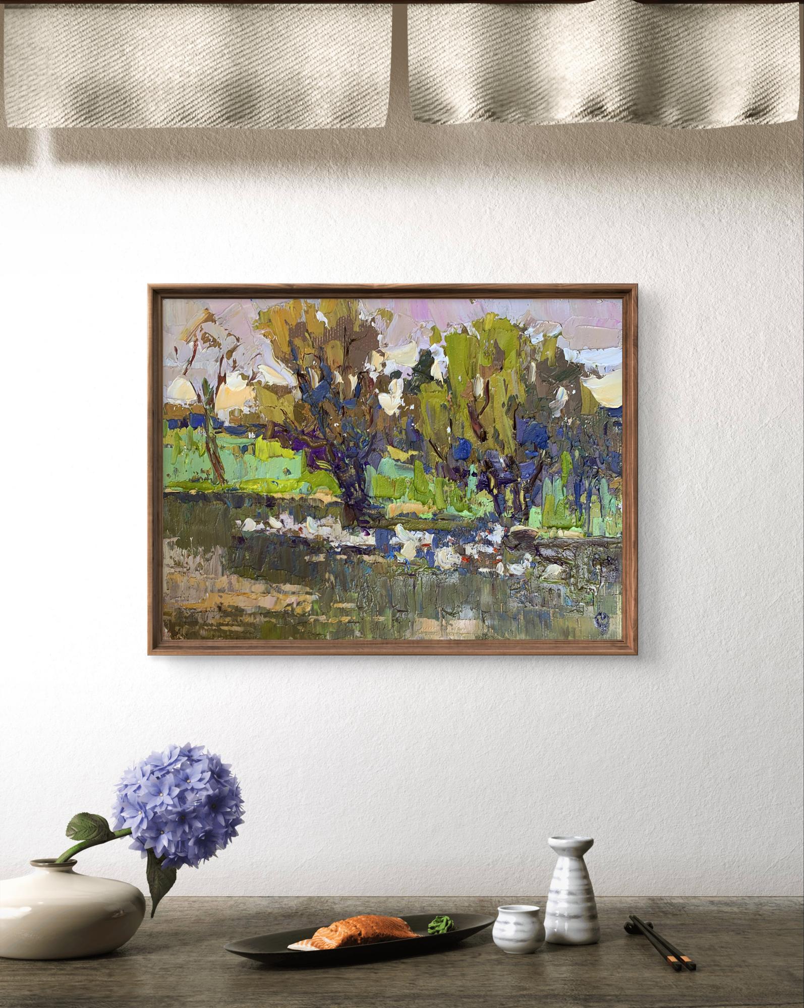 Oil painting Geese in the lake by Oksana Ivanyuk in textured wooden frame