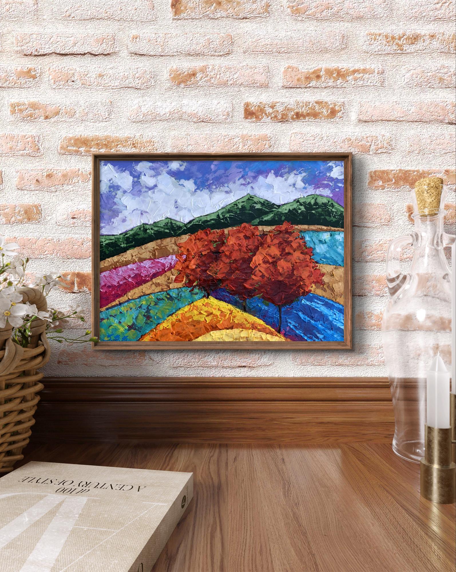 Oil painting Three Trees and Mountains by V. Zadorozhnya vibrant abstract landscape