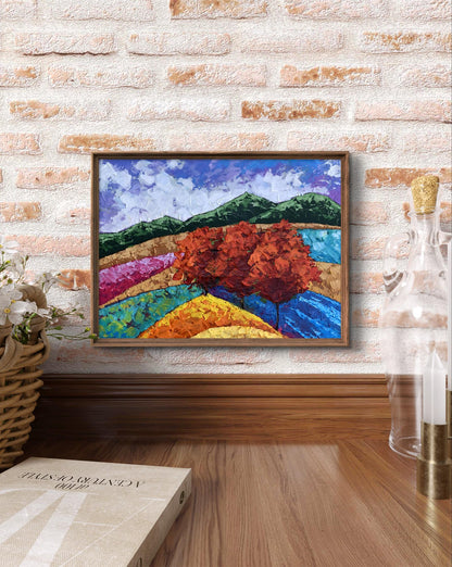 Oil painting Three Trees and Mountains by V. Zadorozhnya vibrant abstract landscape