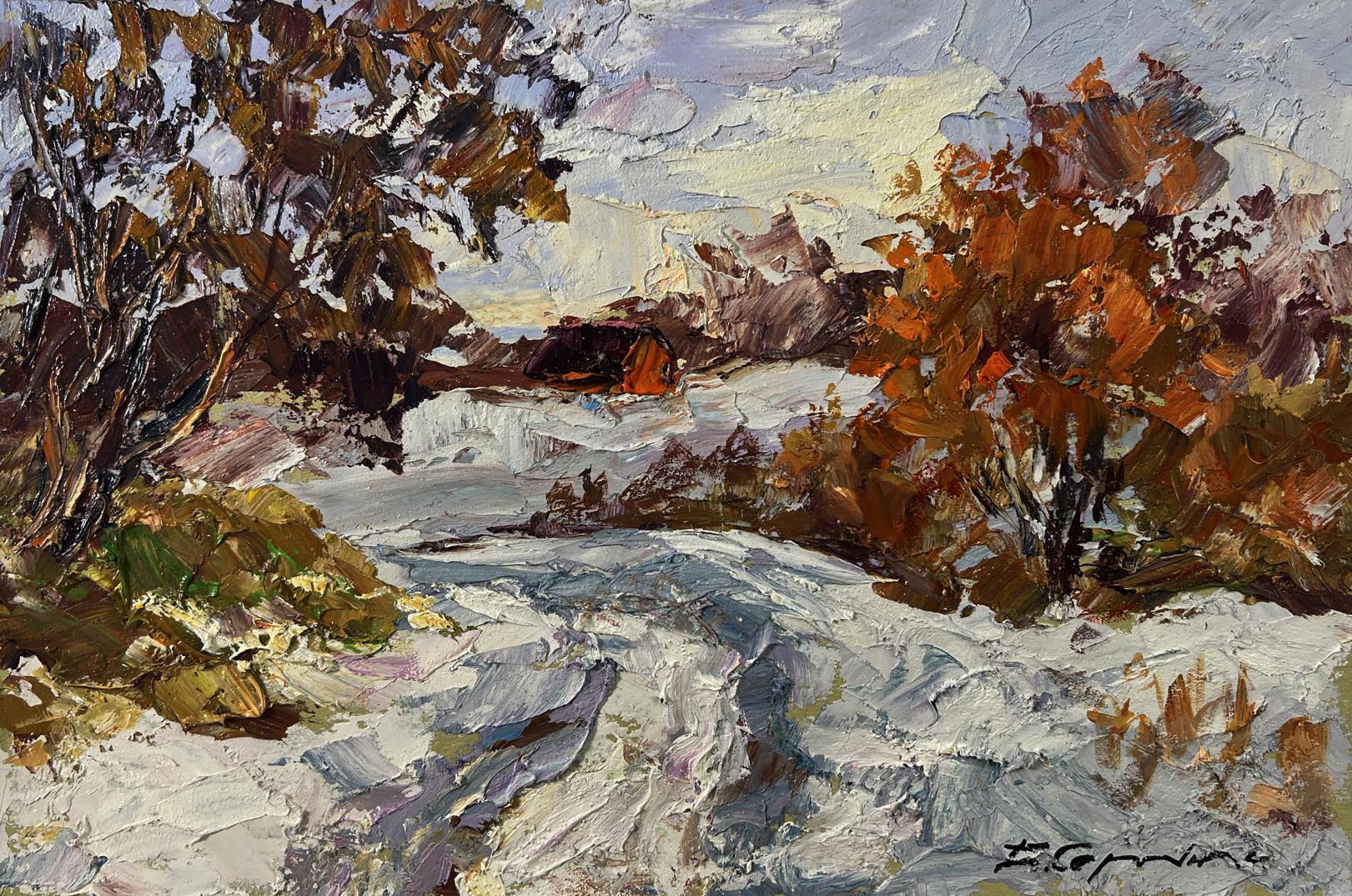 Oil painting Snowy road in the forest by Boris Serdyuk, autumnal textured landscape