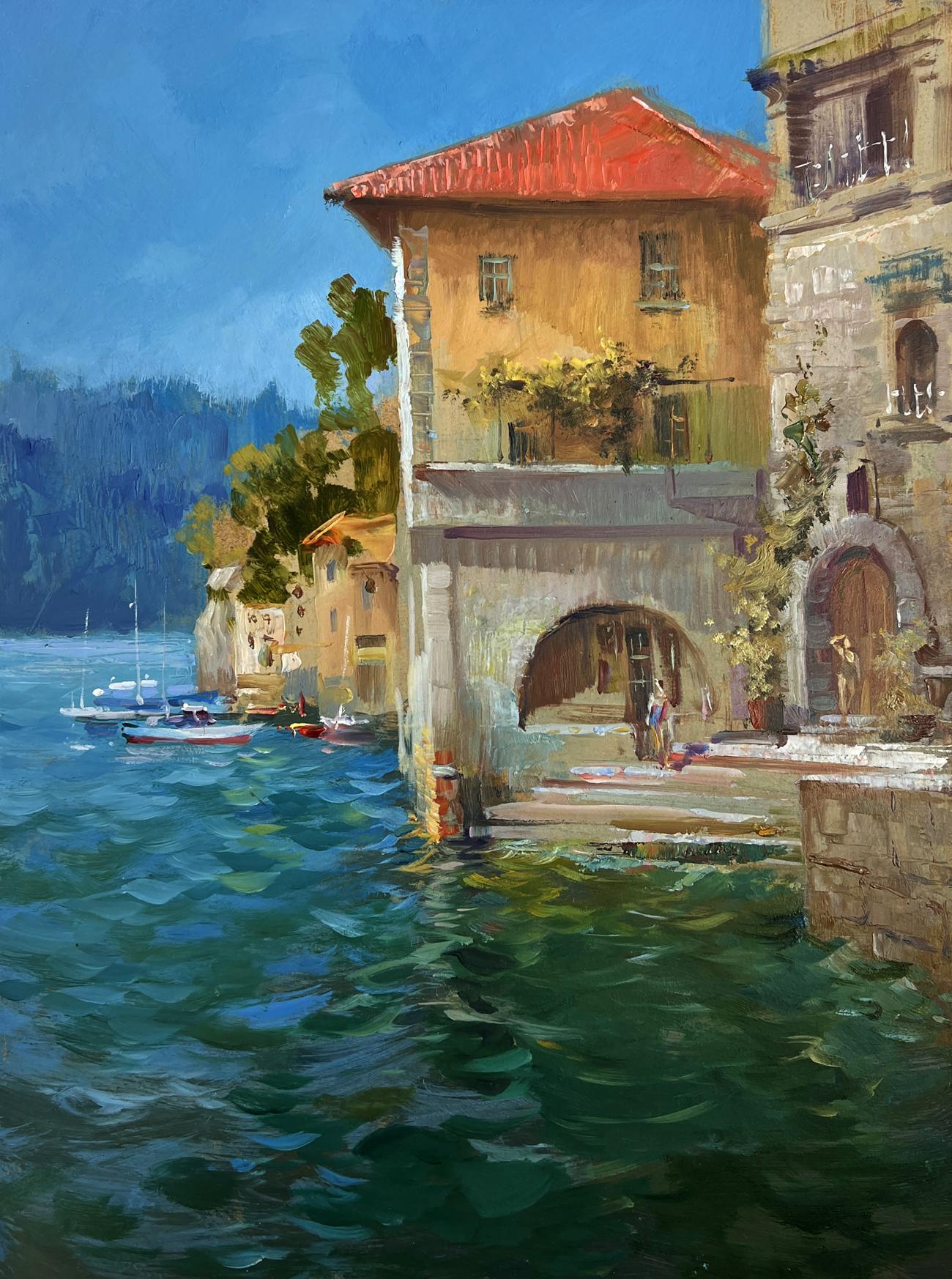 Oil painting of yellow stone coastal building by Yuriy Suprunchuk