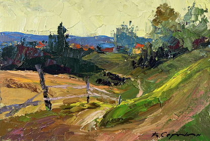 Impasto oil painting by Boris Serdyuk: green hills, path, village under yellow sky