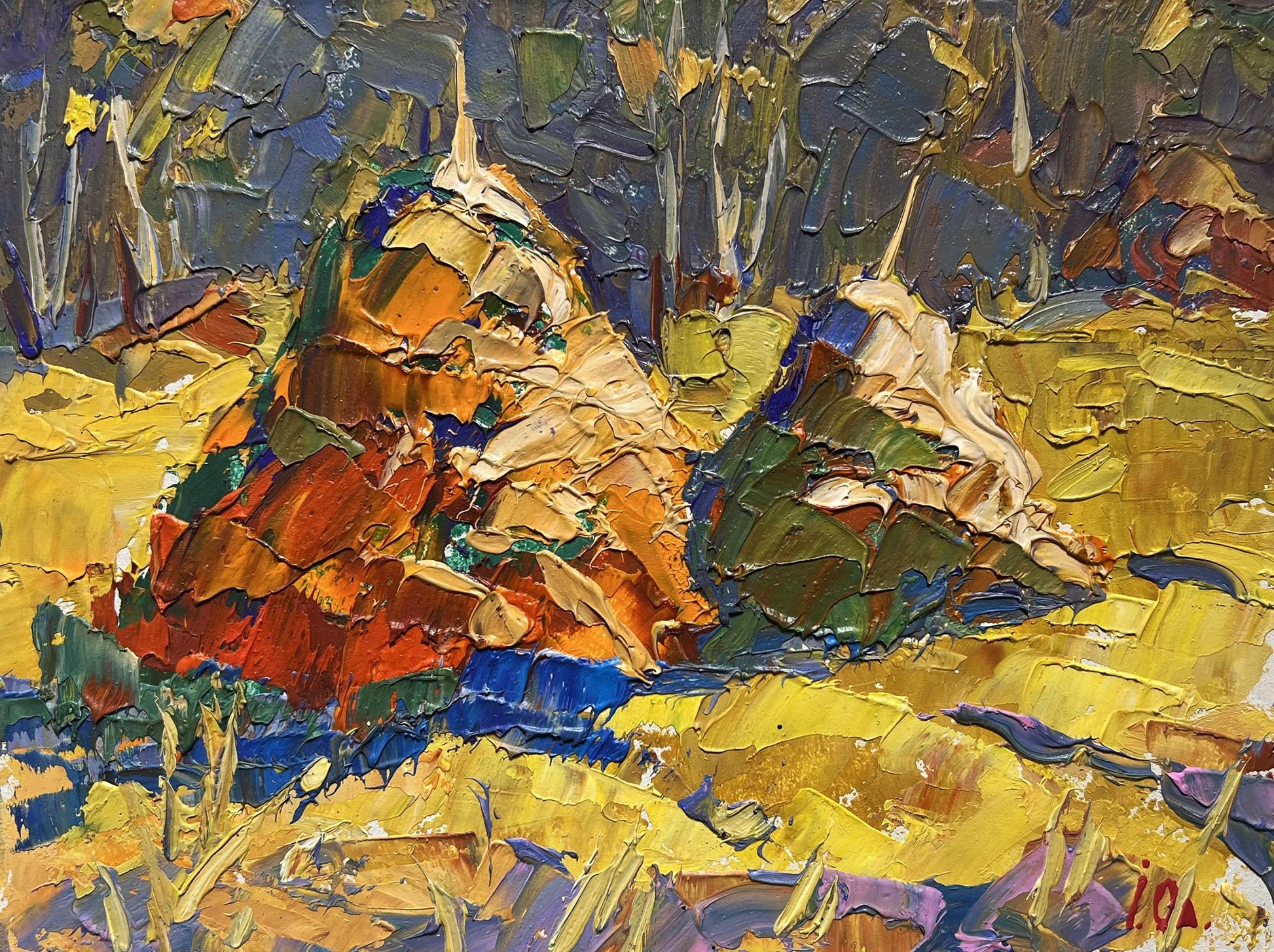 Vibrant oil painting of rocky outcrops in sunny golden field by Oleksiy Ivanyuk