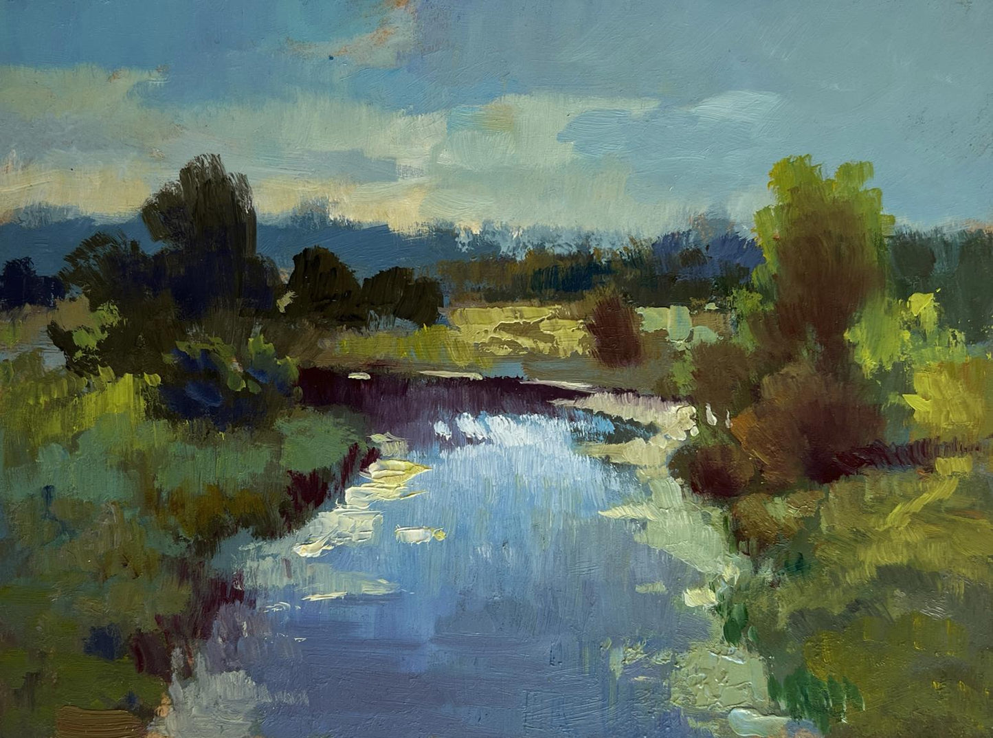 Serene impressionistic oil painting of sunset clouds over Yuriy Suprunchuk river