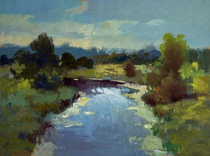 Serene impressionistic oil painting of sunset clouds over Yuriy Suprunchuk river