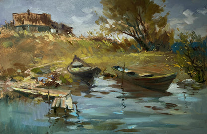 Oil painting Summer peace on the river by Yuriy Suprunchuk: two rowboats in calm water