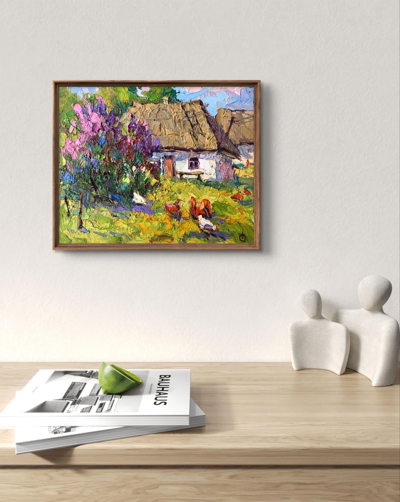 Oil painting by Oksana Ivanyuk: chickens grazing by rustic cottage with purple trees