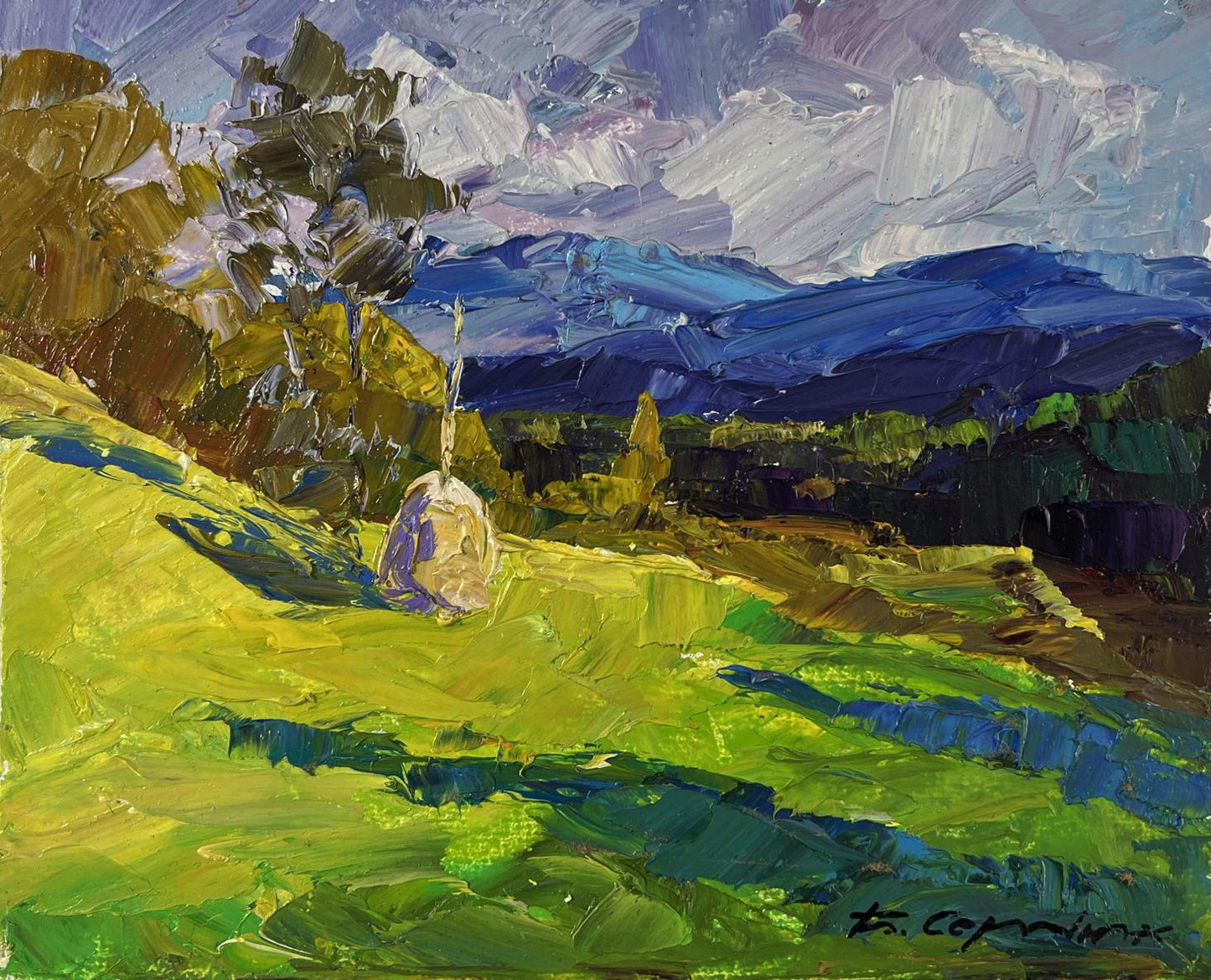 Oil painting Haystack in mountains by Boris Serdyuk: white stone in green grass
