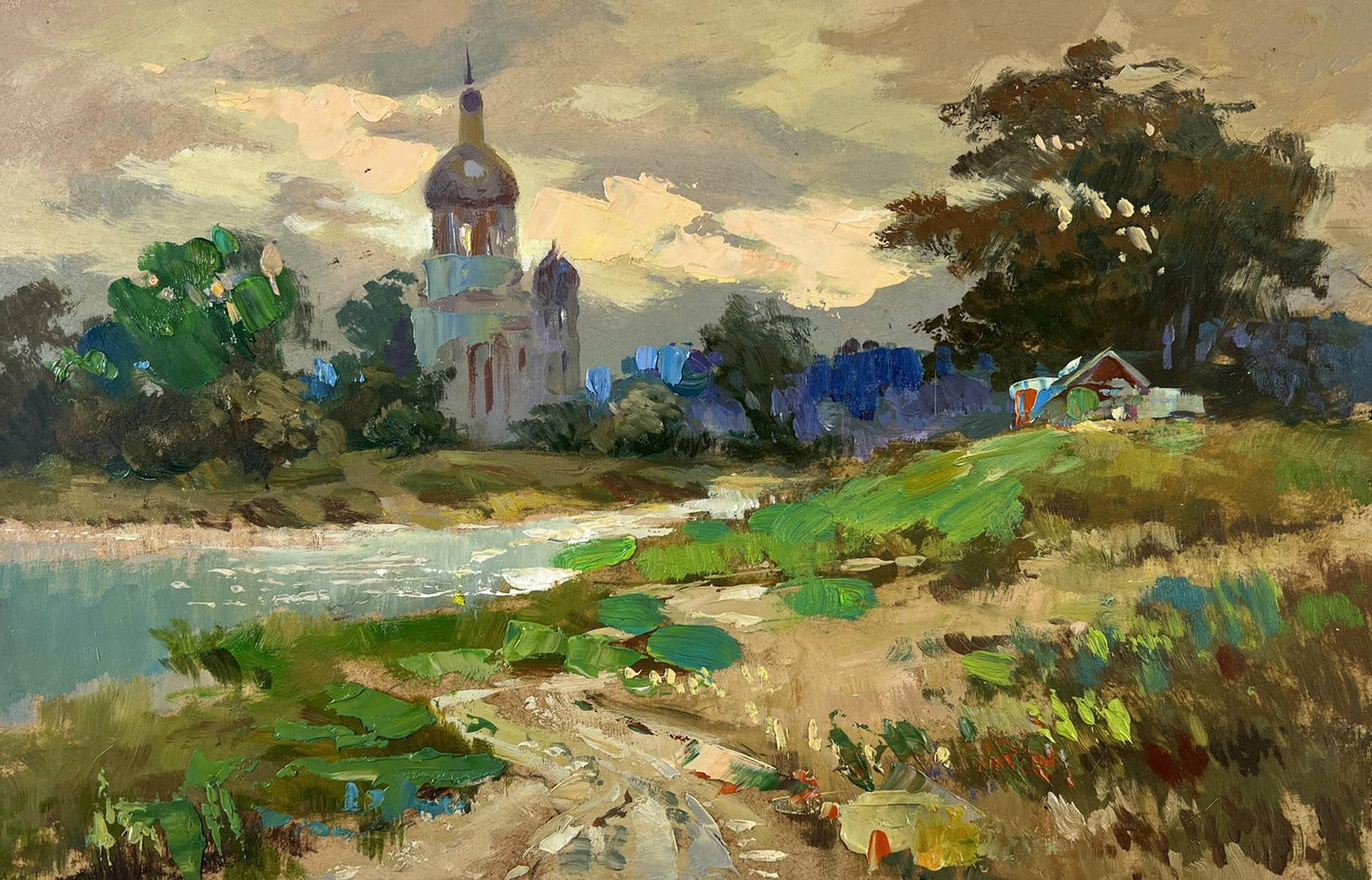 Serene impressionistic oil painting of church over river by Yuriy Suprunchuk