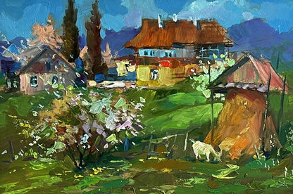 Vibrant impressionist oil painting of Yuriy Suprunchuk village garden with goat