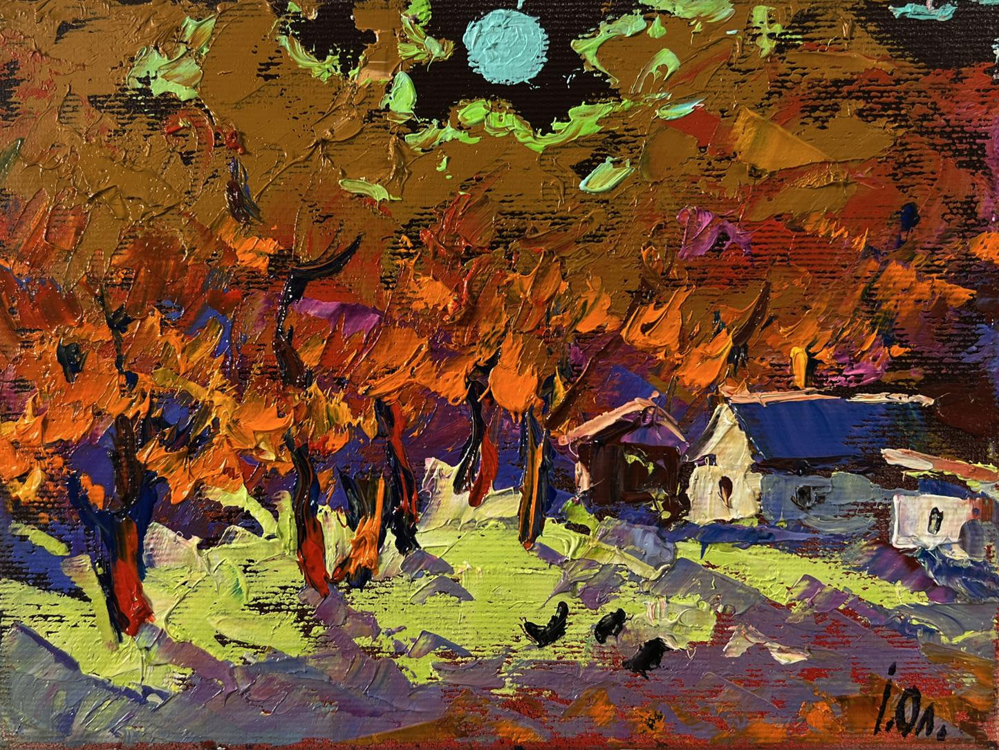 Vibrant impressionist oil painting Moonlight over the village by Oleksiy Ivanyuk